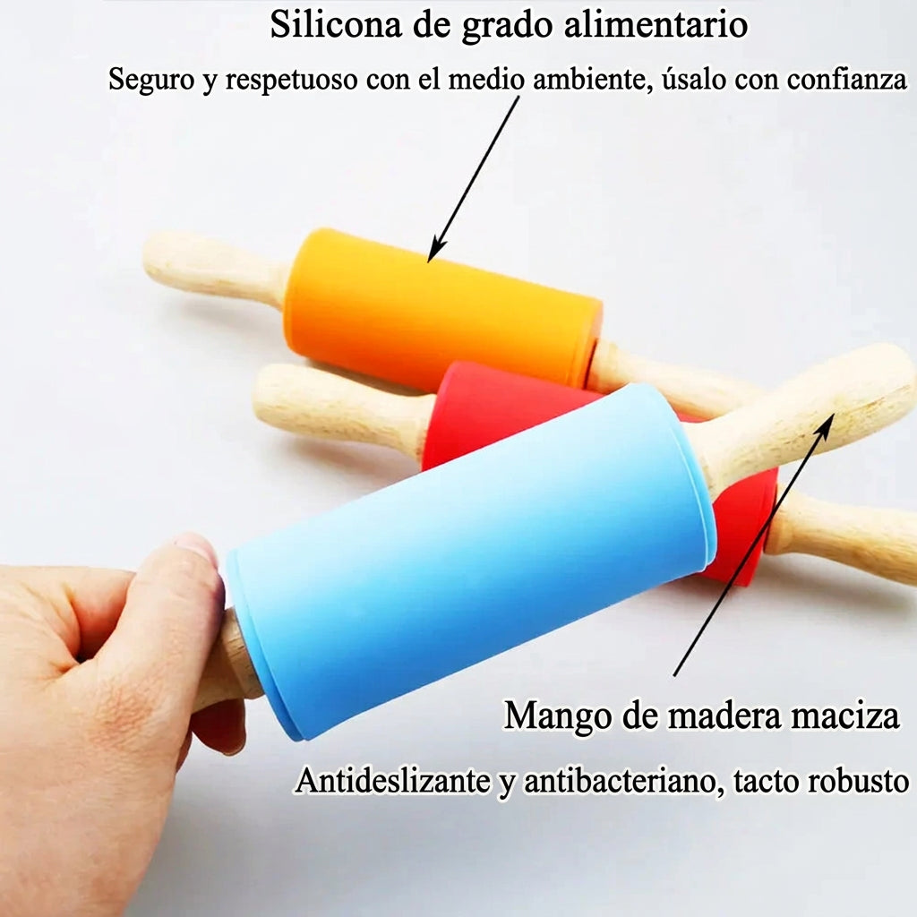 Rodillo de amasar de silicona antiadherente con mango de madera para repostería, fondant, masas y harina - Herramienta de cocina para hornear y cocinar