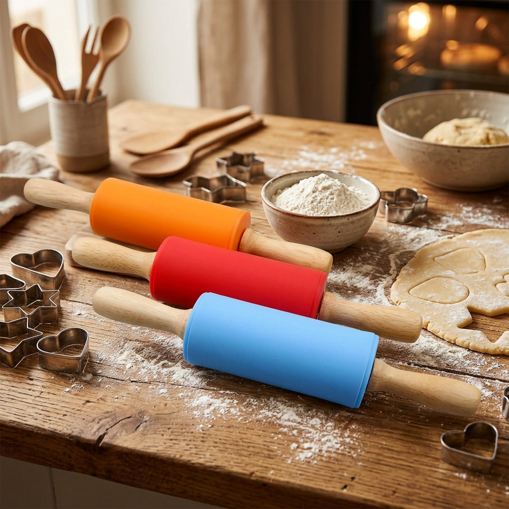 Rodillo de amasar de silicona antiadherente con mango de madera para repostería, fondant, masas y harina - Herramienta de cocina para hornear y cocinar