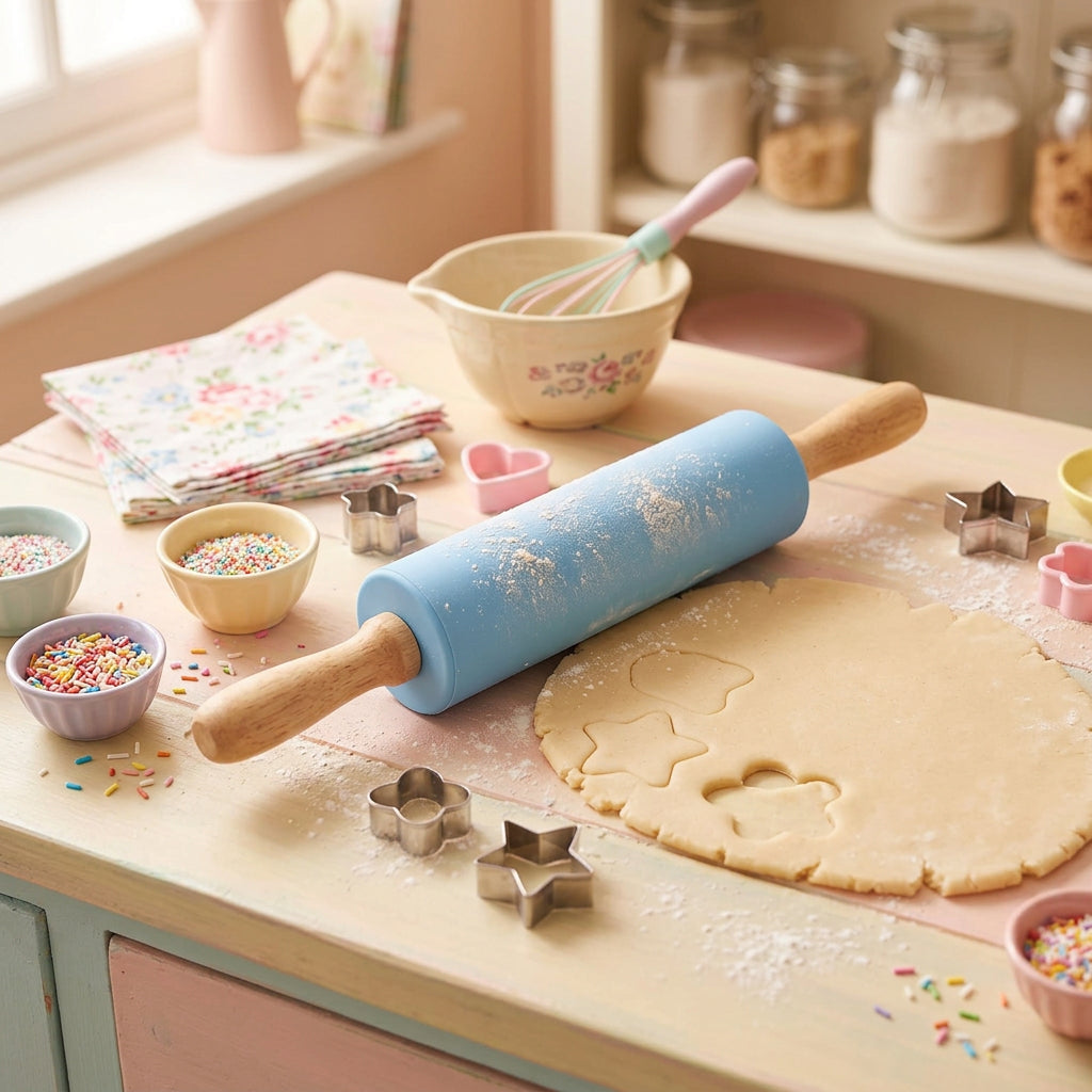 Rodillo de amasar de silicona antiadherente con mango de madera para repostería, fondant, masas y harina - Herramienta de cocina para hornear y cocinar