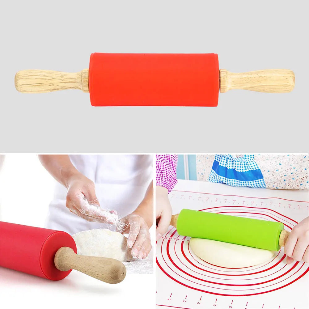 Rodillo de amasar de silicona antiadherente con mango de madera para repostería, fondant, masas y harina - Herramienta de cocina para hornear y cocinar